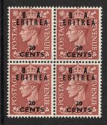 Eritrea 1951 20c on 2d Pale red-brown in block of four SG E28 Mnh.