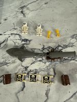 Vintage Pirate Lego Shark, Cannon, 3 Pirate Flags, 2 Barrels Plus More