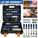 10pc Wood Chisel Set With Sharpening Stone Honing Guide & 2 Pencils In Case