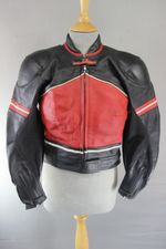 SCHWABENLEDER BLACK, RED & WHITE LEATHER WOMEN'S/GIRL'S BIKER JACKET 32 INCH