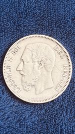 Belgian 5 Francs Silver Coin 1875 Minted During The Reign Of King Leopold II