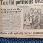 WHO DRUMMER KEITH MOON DEATH - Front Page - 1978 Chicago Sun-Times Newspaper