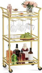 VASAGLE 3-Tier Drinks Trolley, Gold Bar Cart On Wheels with Handles