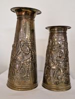 Vintage Elpec Embossed Brass Vases – Tavern Scene – Made in England –24cm & 19cm