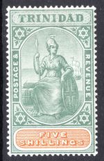 (1218)   Trinidad Britannia 1896 (CA over Crown) 5s. Green & Brown SG122 LM/Mint