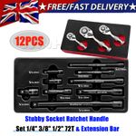 12x Mini Ratchet Handle Set 1/4" 3/8" 1/2" Long&Short Reach Socket Extension Bar