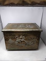 Vintage Wooden Brass Embossed Coal or Log Box with Traditional Scene on Outside