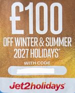 Jet2 Voucher £100 Off Holidays from 1 Nov'26 to 31 Oct'27. Book By 31 July'26. 