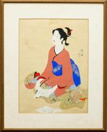 Kaburaki Kiyokata Japanese Woodblock Print "Bijin Hofune" Beauty Showa Authentic