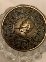 19th Century Shakespeare Inkwell In Repousse Brass Lid  & Moulded Glass