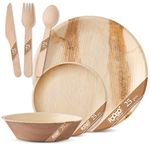 FOOGO Green Disposable Palm Leaf Large & Small Plates Wooden Cutlery Set & Bowls