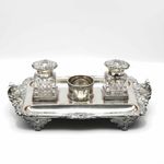 Old Sheffield Plate Pen Tray/Standish Cut Glass Ink Bottles Pounce Holder c.1810
