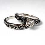 VTG 14K White Gold Diamond Bridal Set 5.75 Floral Engraved Wedding Rings 3.54g