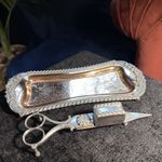 1900s Art Nouveau Candle Snuffer & Tray Copper White Metal Desk Set Antique