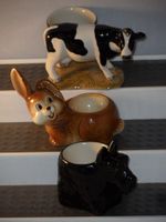 Novelty Pottery Friesian Cow Quail. Goebel Rabbit & Black Scottie Dog Egg Cups