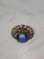 VINTAGE GERMANY BLUE STRIPE GLASS FAUX PEARL RHINESTONE BROOCH BEAUTIFUL 