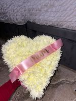 Heart-Shaped White Memorial Floral Arrangement for Mum with Pink Ribbon