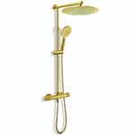 Brushed Gold Exposed Thermostatic Mixer Twin Shower Head Round Rail Bar 12" Set