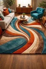 Hand Tufted Abstract Wave Wool Rug – Modern Teal, Rust, Cream Sculpted Carpet