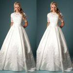 Elegant Wedding Dresses Short Sleeves A Line Satin Lace Appliques Bridal Gowns