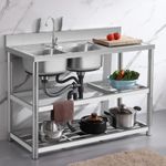 Commercial Stainless Steel Catering Sink Double Bowl w/Tap&2 Shelves+Worktop