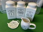 Mrs Winterbottom’s Tea Coffee Sugar Set with Teabag Plate and Milk Jug VGC