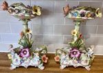 Antique Porcelain Centrepieces Pair Cherubs Putti Floral Dresden Style Compotes