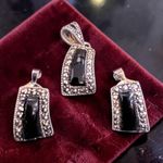 Vintage 925 Sterling Silver Marcasite&Jet Pendant & Earrings Set Art Deco Style