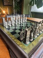 Vintage Italian Chess Set And Board Depicting Romans & Barbarians Metal Signed