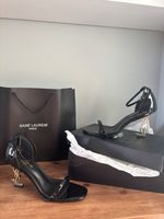 Saint Laurent Opyum Black Patent Leather Sandals Gold YSL Heel EU38 UK5 US7.5