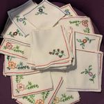Vintage French Table Linen - Set of 21 Embroidered Napkins Floral