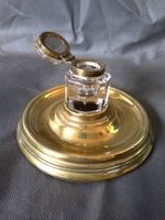 Edwardian English Cast Brass and Glass Faceted Inkwell On Stand