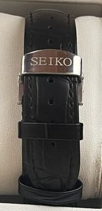 Seiko 18mm Black Leather Croc Style strap with stainless steel Deployment Clasp