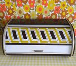 Vintage Roll Top Bread Bin Yellow Brown White Geometric Metal Retro 60s 70s
