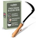 Muldale Japanese Razor Hoe with Wooden Ergonomic Handle, Curved Hand Hoe Blade