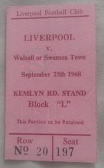 25-9-1968 League Cup Liverpool v Swansea Town  Ticket Stub