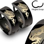 DRAGON surgical steel MEN'S HUGGIE HOOP Hinge EARRINGS black/gold 316L mens