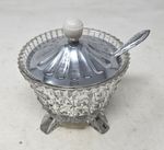 4 Footed Cut Glass Sugar Jar With Silver Plated Lid And Spoon 