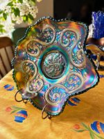 Fenton Green Carnival Glass Feathered Serpent Ruffled Bowl Antique c1911