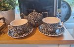 Burleigh Soho House Calico Black/White Floral Tea Set Teapot + 2 Cups/Saucers
