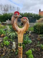wooden walking stick handcraft wooden walking cane double face cock animal bird