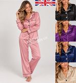 Ladies Satin Pyjama Set Long Sleeve Button Up Silky PJs Nightwear Loungewear NEW