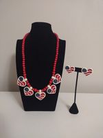 Vtg Handcrafted American Flag 4th Porcelain Heart Necklace/Pierced Earrings Set