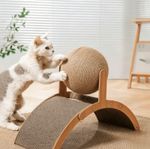Wooden Arch Cat Scratcher with Sisal Ball, Non-Slip Curved Scratching Board