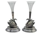 Beautiful Pair Of Antique 1880s Silver Plated Swan & Crystal Glass Epergnes