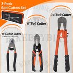 3PCS BOLT CUTTERS SET WIRE CABLE CHAIN CROPPERS HEAVY DUTY CARBON STEEL WITH BAG