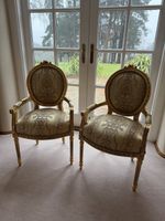 Pair of Louis XVI Gilt Armchairs Fauteuil Gold Silk Damask Upholstered French