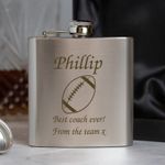 Personalised Rugby 6oz Silver Hip Flask Custom Gift Engraved Coach Manager Award