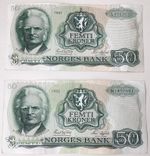 Set of 2 Norwegian bank 50 Femti Kroner Banknotes 1981 & 1982 Bjørnson Borgund.