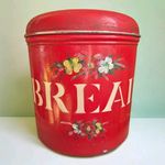 Vintage Red Toleware Bread Tin Hand Painted Floral Metal Kitchen Canister Shabby